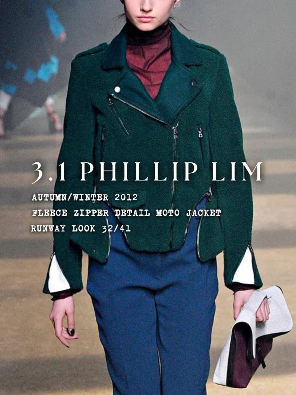 3.1 PHILLIP LIM F/W 2012 RUNWAY FOREST GREEN FLEECE MOTO BIKER JACKET